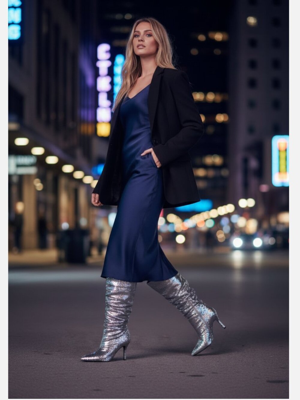 NEW $159 D’Amelio Cristean Silver Sequin Pointed-Toe Slouchy  Boots 7.5